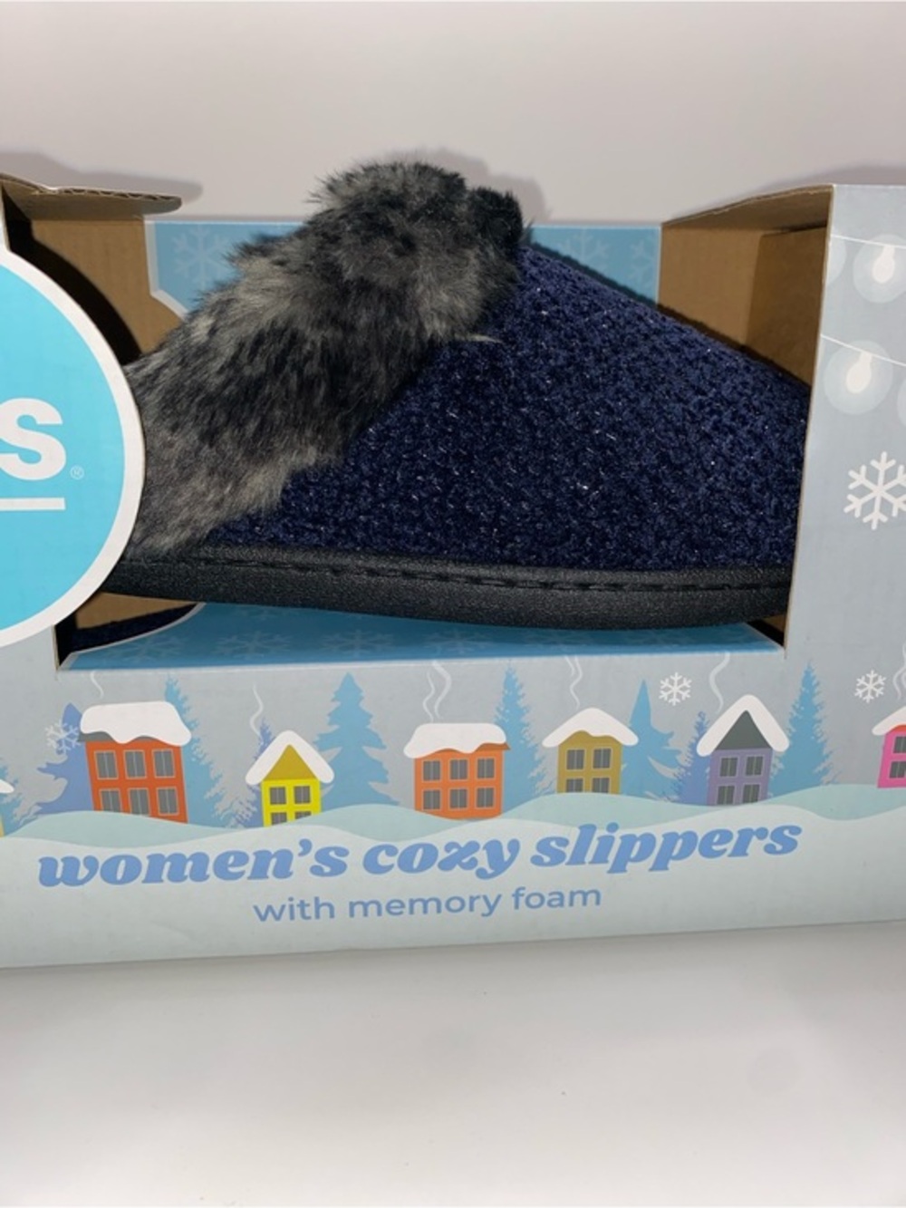 totes Women's Navy Knit Slippers with Gray Faux Fur Trim